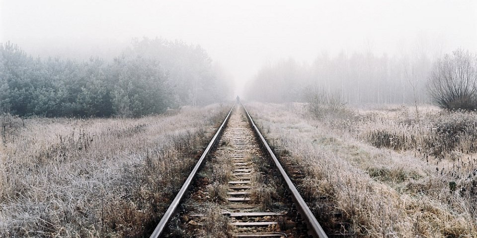 Gleise, die über ein struppiges Feld in den Nebel führen.