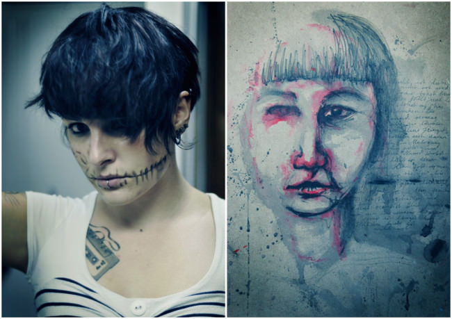 Zwei Bilder, links das Foto einer Frau mit aufgezeichnetem verarzteten Mund und rechts eine Zeichnung eines Gesichts mit roten Flecken.