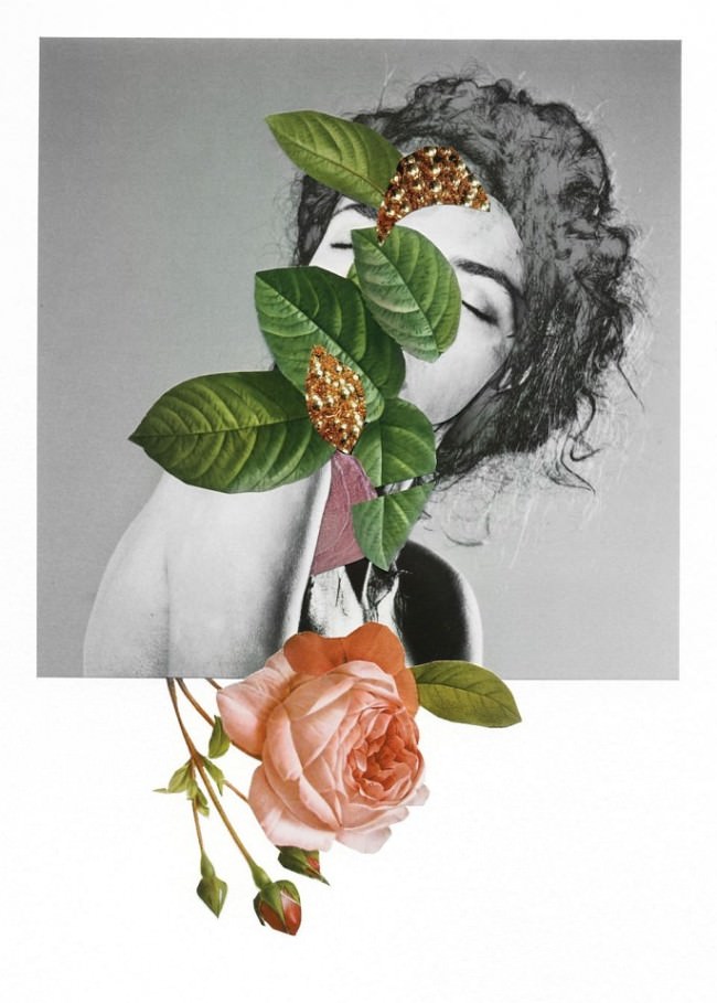 Collage aus einem Frauenportrait und bunten Blättern.