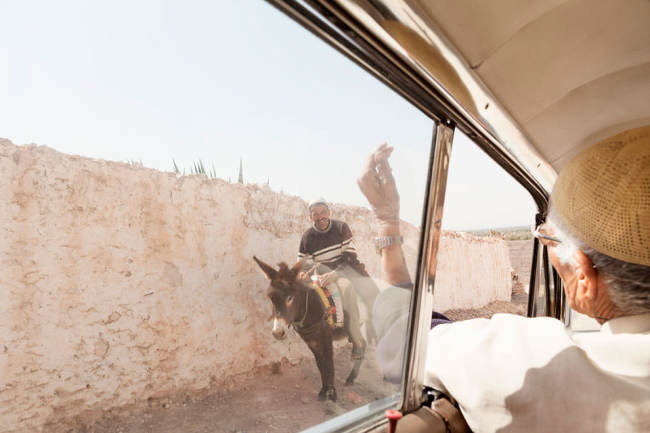Ein Taxifahrer winkt aus dem Auto heraus einem Mann auf einem Esel zu.