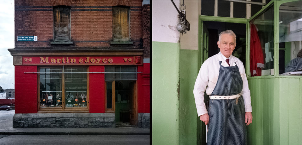 William Gallagher of Martin+Joyce's Butcher shop, the last working premise in this block of Benburb Street, Dublin. Photograph taken in 1992, diptych assembly in 2014