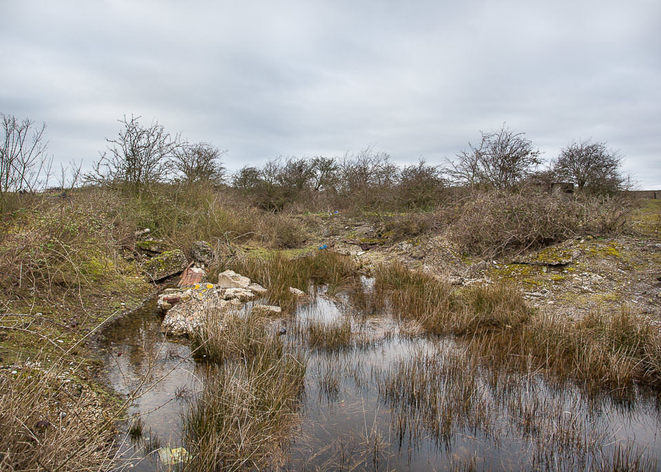 Ein vollgemüllter und Sumpf in karger Landschaft.
