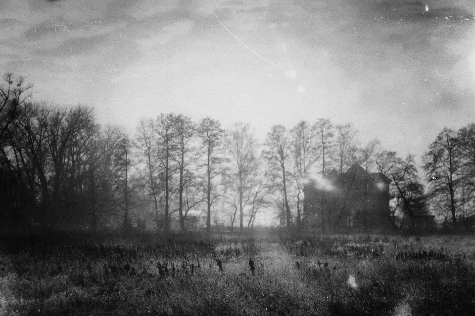 Schwarzweißbild mit Fusseln und Kratzern eines Hauses, das hinter einem Feld von Bäumen umstanden steht.