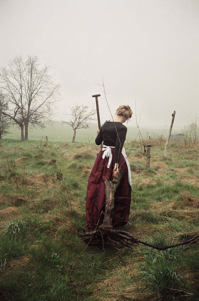 Eine Frau zieht eine Baumwurzel ins Feld.