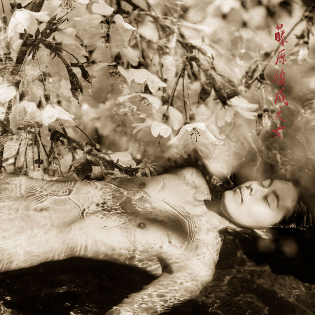 Weiblicher Akt im Wasser mit Kirschblüten.