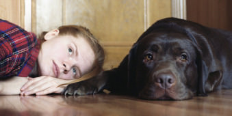 Ein Mädchen und ein Labrador liegen auf dem Boden.