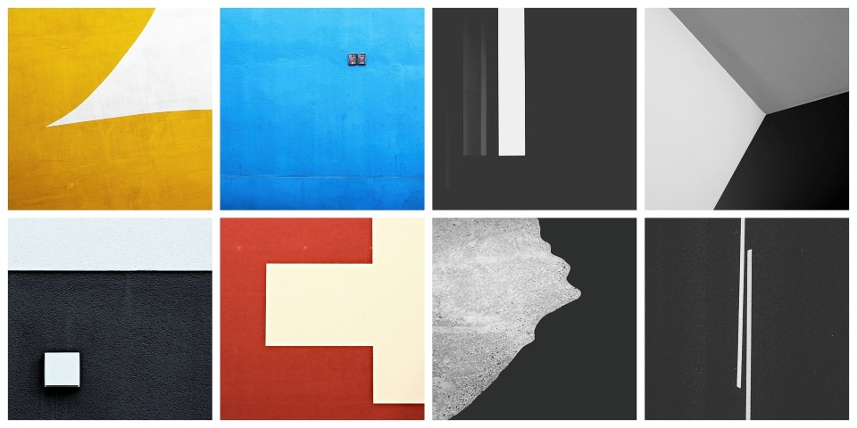 Collage aus acht Fotos abstrakter Architektur.