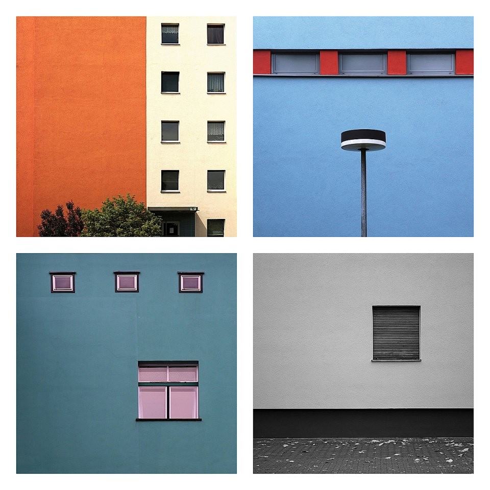 Collage aus vier Fotos abstrakter Architektur.