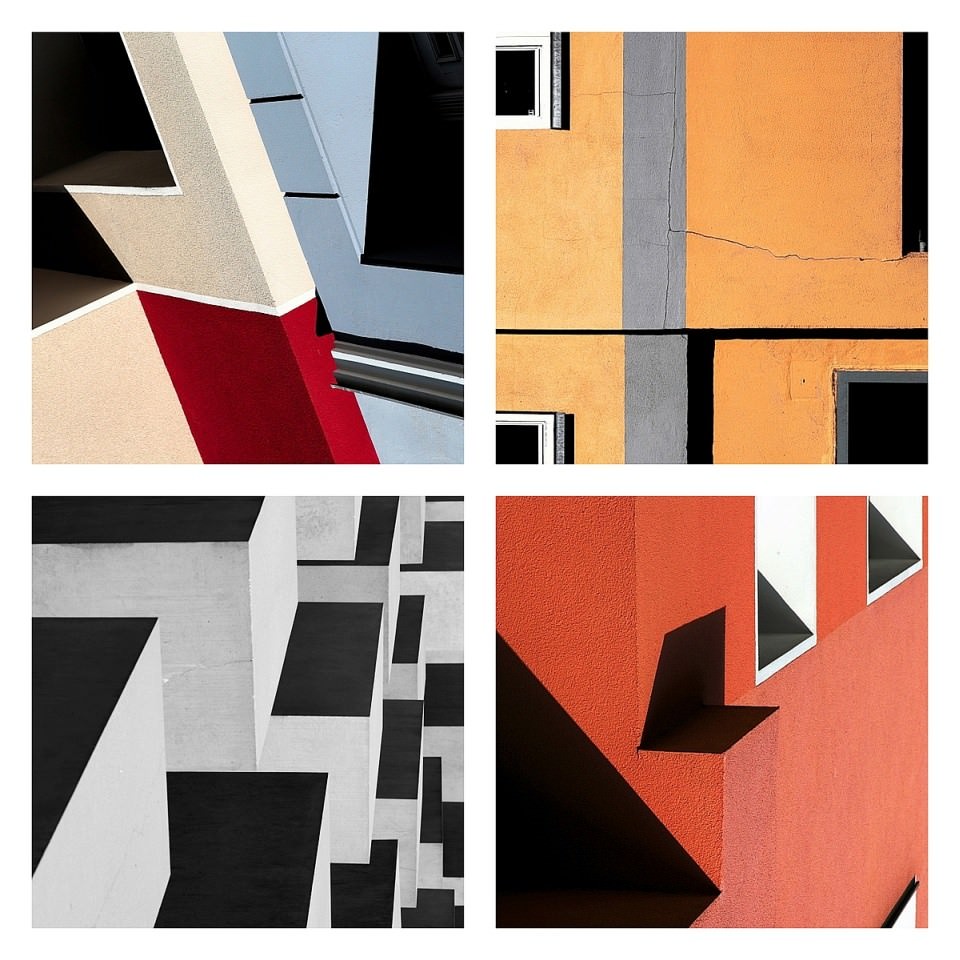 Collage aus vier Fotos abstrakter Architektur.