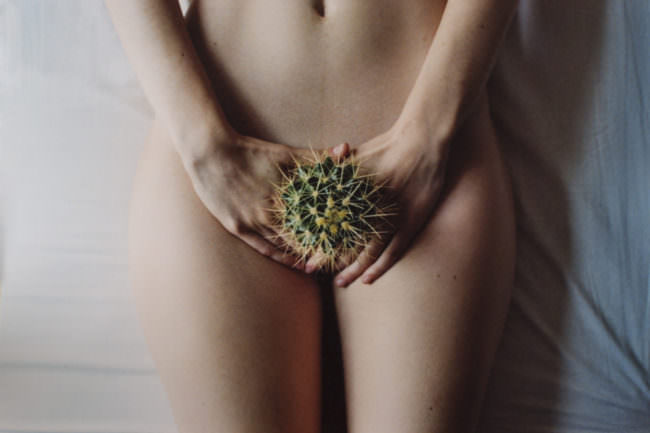 Eine Frau hält einen Kaktus vor ihren nackten Unterkörper.