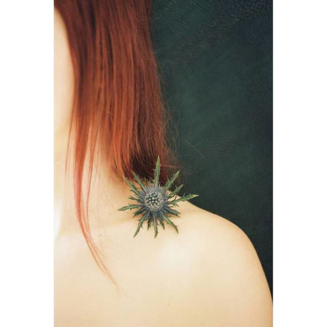 Nahaufnahme einer entblößten Frauenschulter auf der eine Blüte liegt. Sichtbar sind noch lange rote Haare.