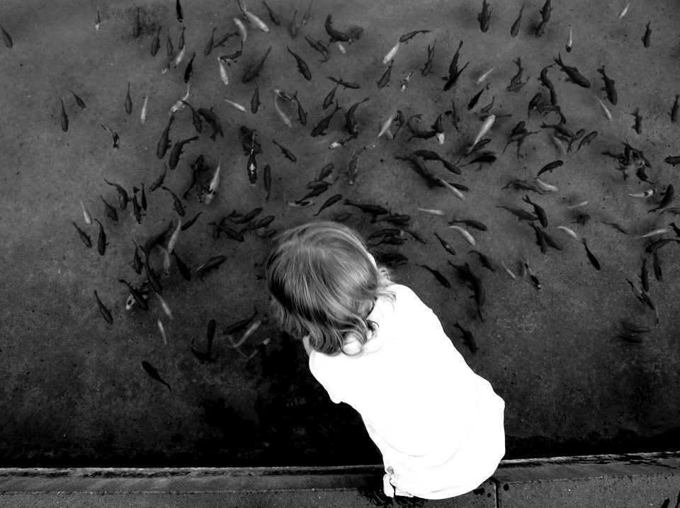 Kind an einem Fischteich.