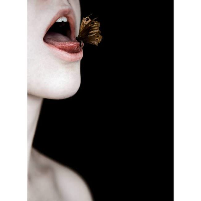 Ein Schmetterling auf herausgestreckter Zunge