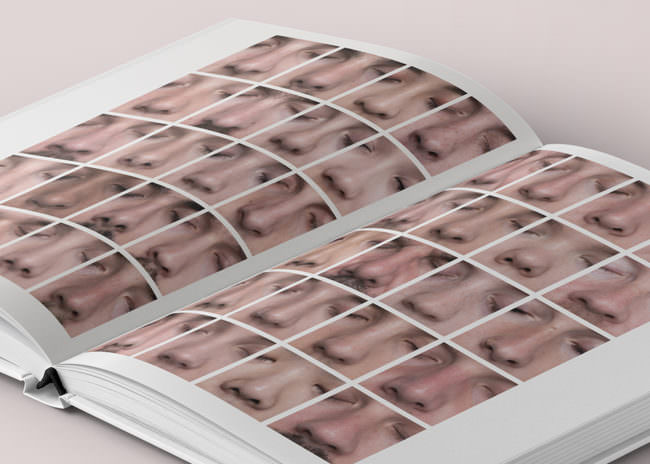 Aufgeschlagenes Buch mit vielen Nasenbildern.