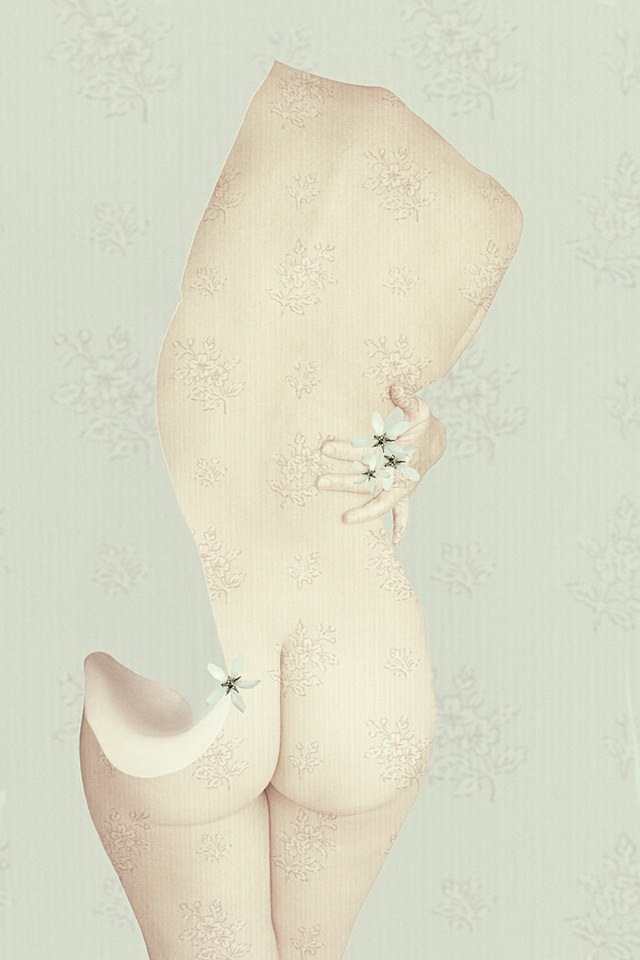 digitale Collage: Körper mit weißen Blüten