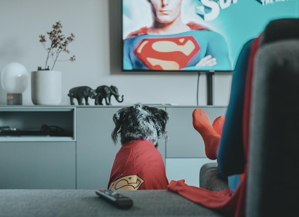 Superman und Hund schauen einen Supermanfilm