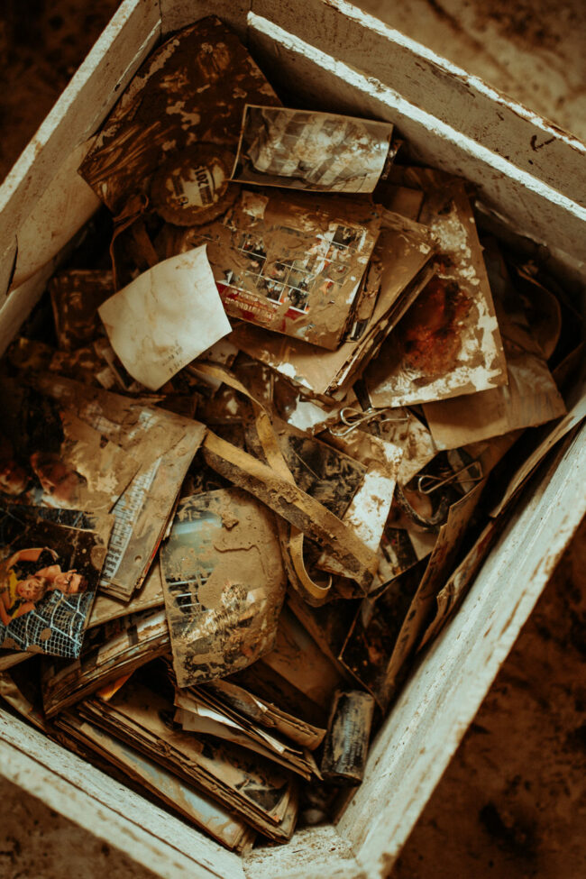 Kiste voller schmutziger Fotografien