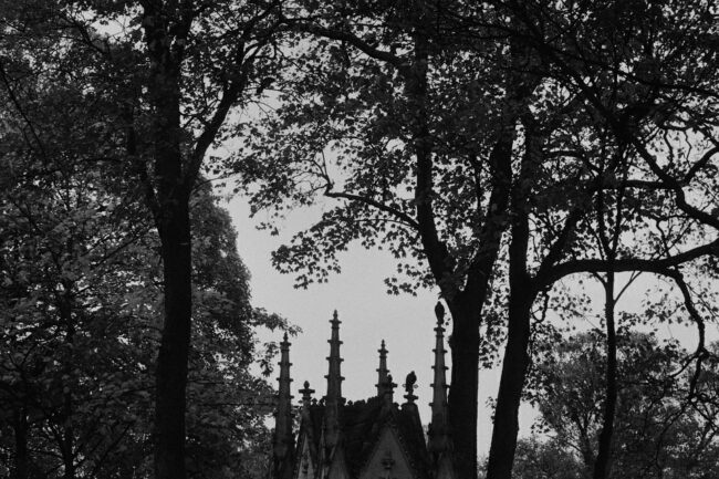 gotische Turmspitzen zwischen Bäumen