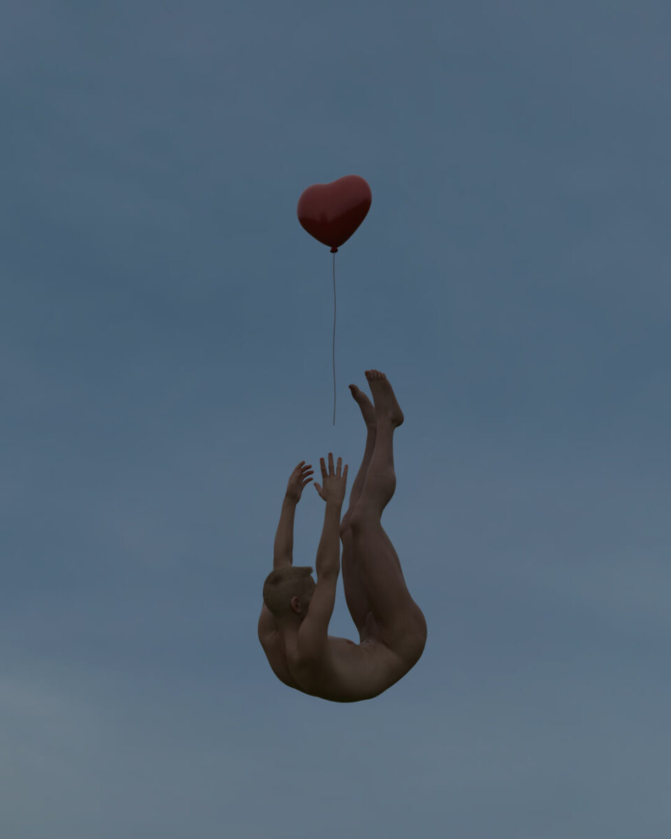 Person mit Herzluftballon fällt vom Himmel