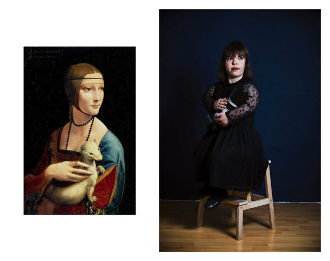 Gemälde "Frau mit Frettchen" und ein Portrait einer Frau mit Kamera im Arm
