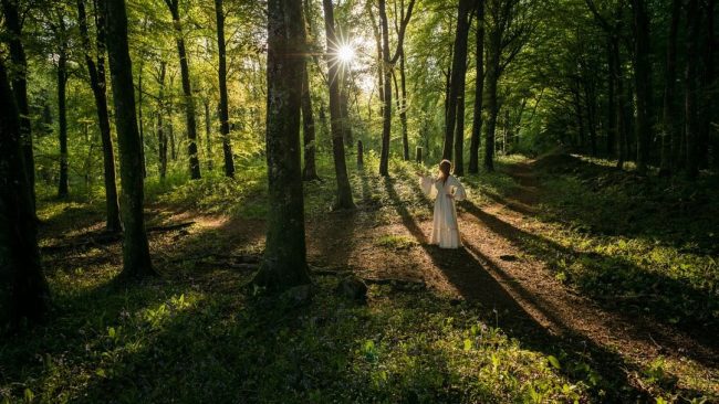 Frau in langem, hellem Kleid steht auf einer Wegkreuzung im Wald, durch den Sonnenstrahlen scheinen.