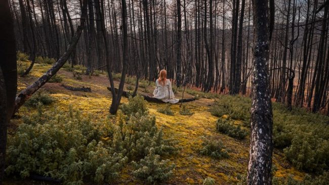 Frau in langem, hellem Kleid in herbstfarbener Waldlandschaft.