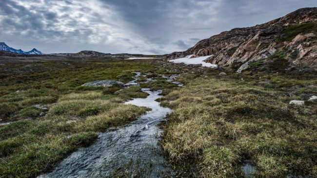 Tundra mit sumpfigem Flusslauf und felsigen Hügeln in einer Graslandschaft mit etwas Schnee.